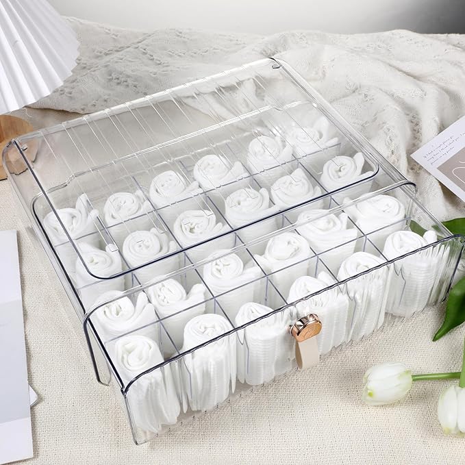 24 Cell Plastic Sock Organizer Underwear Drawer Organizer Acrylic Stackable Storage Drawer Underwear Storage Box with Dividers for Panties Closet Bra Baby Clothes Belts Ties Scarf