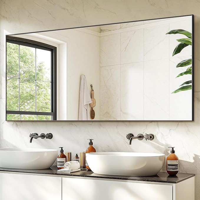 TRAHOME Bathroom Vanity Mirror for Wall, 60" x 30" Metal Framed Rectangular Bathroom Wall Mirror for Over Sink, HD Shatterproof Glass, Hangs Horizontally or Vertically(Black)