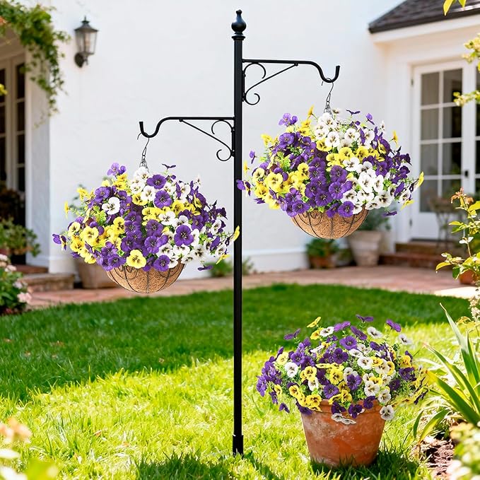 Artificial Fake Pansy Flowers for Outdoors, 12 Pcs Faux Silk Pansies Flower for Spring Summer Decoration, UV Resistant Fake Plants for Outside Planter Porch Yard Patio Home Decor(Purple Yellow White)