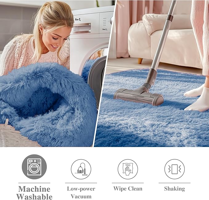 OLANLY Blue Round Rugs for Bedroom - Machine Washable, 4 ft Circle Area Rugs for Living Room, Soft and Fluffy Shaggy Carpet for Teen Girl and Boys, Nursery Rooms, Dorms, Home Decor Aesthetic