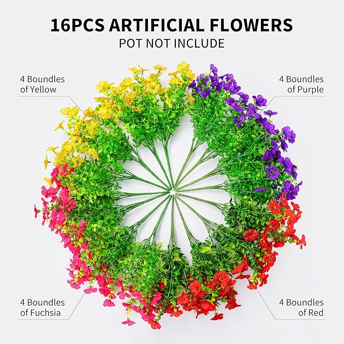 Artificial Fake Flowers Plants for Outdoors Spring Summer Decor,16 Bundles Faux Flowers Plant Silk Daisy UV Resistant for Outside Planters Front Porch Patio Yard Garden Home(Red,Purple,Yellow,Fuchsia)