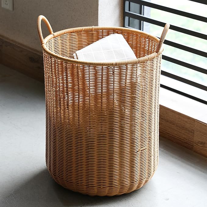 Entryway Tall Round Umbrella Stand with Chassis, Hand Made Imitation Rattan Umbrella Basket, Freestanding Umbrella Storage Basket for Home Office Hallway(28x45.5cm(11x17.9in), Coffee)