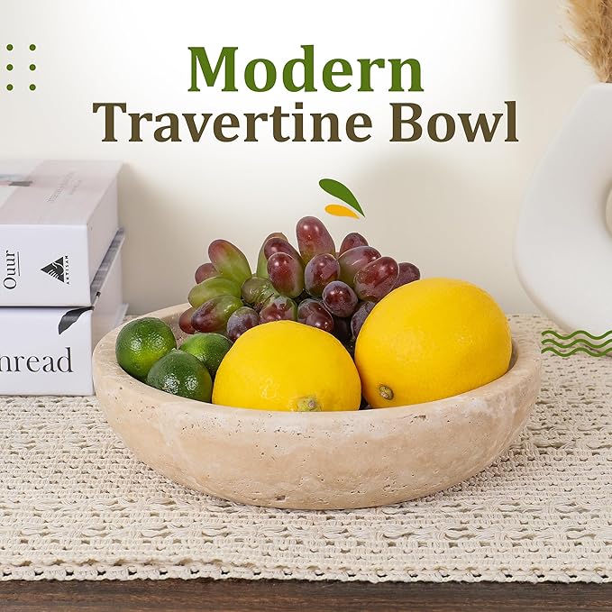 FNTSTICGOODS Travertine Decorative Bowl - 7.8” Diameter & 2” Height - Key Bowl for Entryway Table - Travertine - Organic Modern Centerpiece - Beige/Natural
