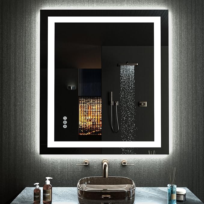 LOAAO 28"X32" LED Bathroom Mirror with Lights, Anti-Fog, Dimmable, RGB Backlit + Front Lighted, Bathroom Vanity Mirror for Wall, Memory Function
