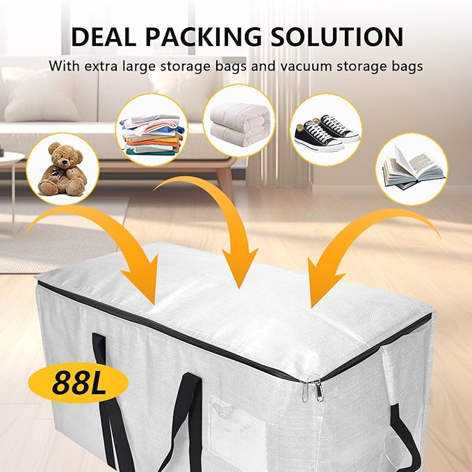 Extra Large Storage Bags Set Heavy Duty Moving Totes with Handles, Waterproof Dual-Way Carrying Design with Vacuum Storage Bag Combo,College Dorm,Traveling,Camping(6 Moving bag & 10 Vacuum Seal Bags)