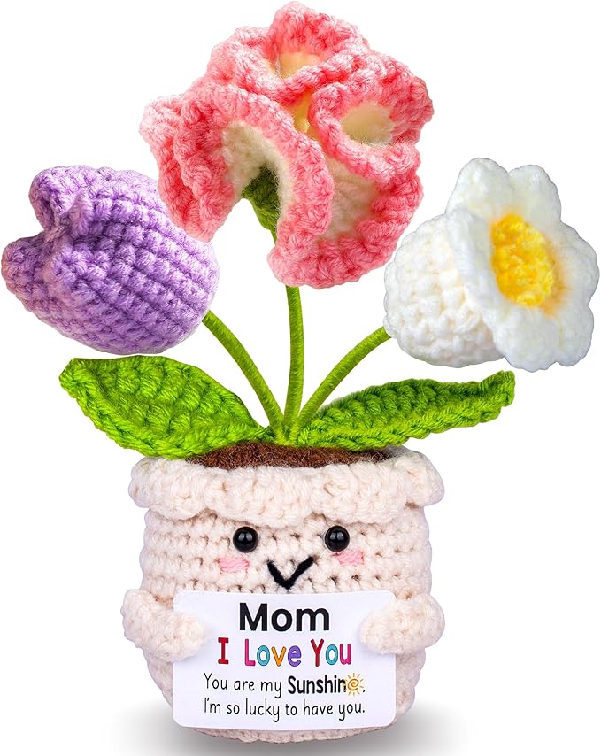 Gifts for Mom from Daughter Son, Mom Birthday Gifts, Gift for Moms Mother in Law Step Mama Mommy, Mother's Day Birthday I Love You Present for Moms, Cute Handmade Crochet Positive 3 Flowers Doll