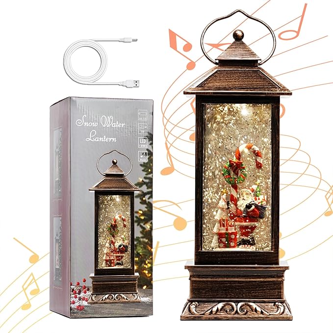 12" Christmas Snow Globe Lantern with Santa Claus - Water Glittering LED Light Lantern with Music - Vintage Xmas Angle Gift - USB Plug or Battery Operated Home Decor