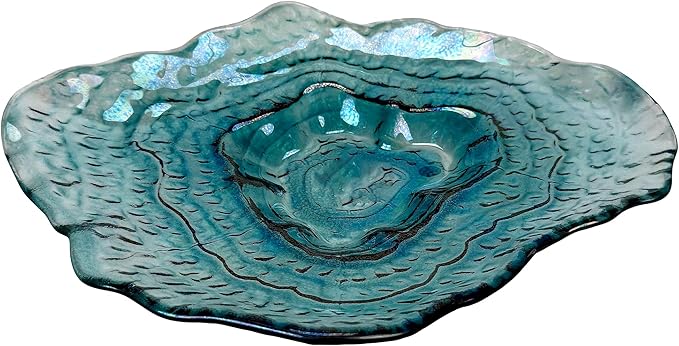 Things2Die4 Decorative Oyster Shaped Plate, 13 X 10 Inch Iridescent Sea Blue Glass Decorative Plate for Coastal Tabletop Display, Nautical Accent Dish for Entryway or Living Room