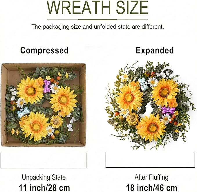 DecorbyHannah Spring Sunflower Summer Wreaths for Front Door Outside All Season, 18 Inch Artificial Flower Door Wreaths with Daisy and Bee, Sunflower Decor for Home Porch, Wedding Housewarming Gifts