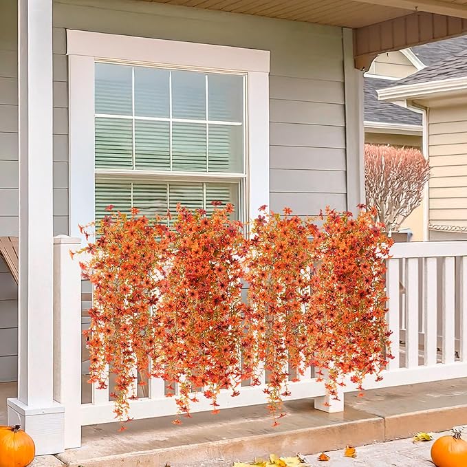 INQCMY Artificial Fall Fake Flowers for Outdoor Fake Hanging Decoration,2PCS Faux Mums Silk Flower with Autumn Leaves UV Resistant No Fade for Home Planter Porch Patio Yard Balcony Garden(Orange Red)