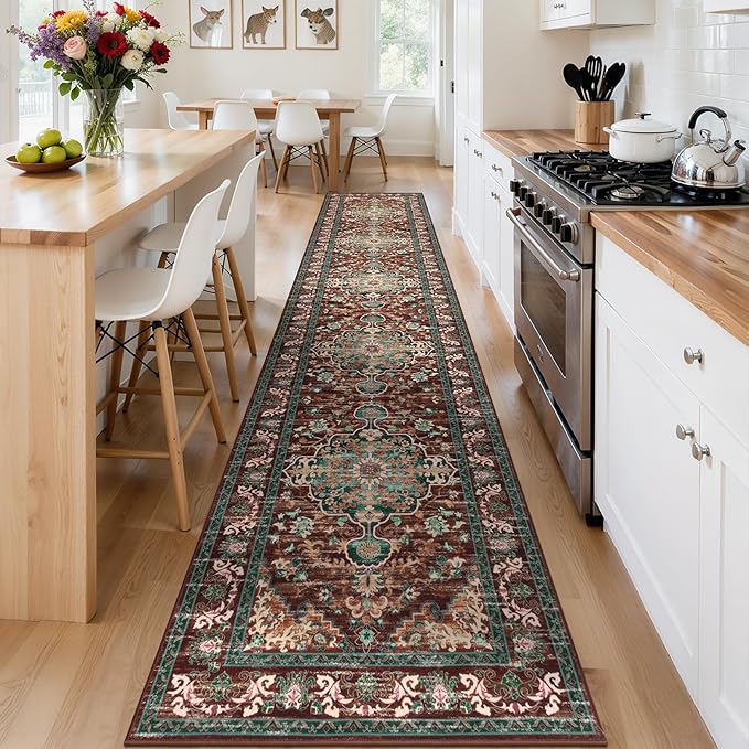 U'Artlines 3' x 16' Boho Hallway Runner Rug, Rust Non Slip Washable Vintage Farmhouse Accent Rug Carpet for Kitchen Entryway Laundry and Living Room (Rust＆Teal)