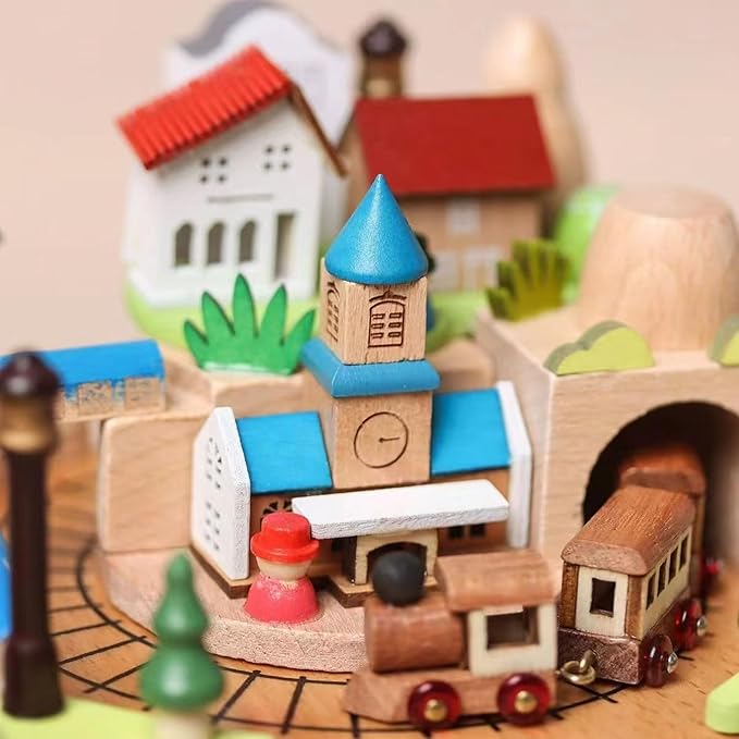 Natural Solid Wood Handcrafted Beech Wooden, Musical FigureTotoro/Carousel/Fairy/Ballerina Figurine,Rotating Hand Crank Mechanism Music Box,Musical Decorations (Bell Tower and Train)