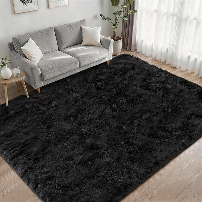Fluffy 4x6 Area Rugs for Living Room Bedroom: Ultra Soft Shag Rug Non-Slip Non-Shedding Small Plush Bedside Rug Indoor Floor Carpets for Kids Room Playroom Entryway Nursery Dorms Home Decor Black