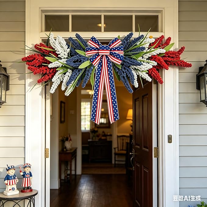 21'' 4th of July Large Swag Wreath for Front Door Red White and Blue Wheat Sheaf Artificial Independence Day Teardrop Swag for Farmhouse Kitchen Cabinet Porch Wall Window Memorial Day Arch Decoration