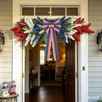 21'' 4th of July Large Swag Wreath for Front Door Red White and Blue Wheat Sheaf Artificial Independence Day Teardrop Swag for Farmhouse Kitchen Cabinet Porch Wall Window Memorial Day Arch Decoration