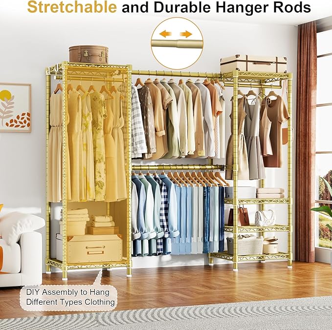 Ulif E7 Garment Rack, Heavy Duty Clothes Storage System with Extendable Hangers Rods, Metal Clothing Rack with 6 Wire Shelves, (52.3"-72") W x 14.5" D x 71.2" H, Load 838lbs, Gold