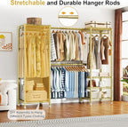 Ulif E7 Garment Rack, Heavy Duty Clothes Storage System with Extendable Hangers Rods, Metal Clothing Rack with 6 Wire Shelves, (52.3"-72") W x 14.5" D x 71.2" H, Load 838lbs, Gold