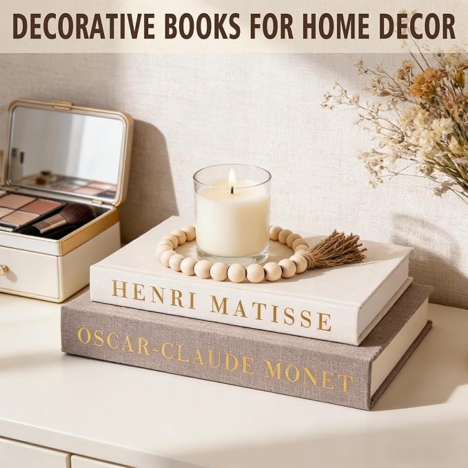 Decorative Books for Home Decor, Coffee Table Decor with Linen White Books Stack Bookshelf, Fake Book Double as Libros Decorativos and Photo Storage (3 Piece Set with Beads)
