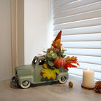 Vintage Turquoise Metal Truck with Gnomes Pumpkin Maple Leaf Farmhouse Table Top Fall Decor, Autumn Themed Thanksgiving Old Pickup Truck Decorations for Home Table Shelf, 12 inch