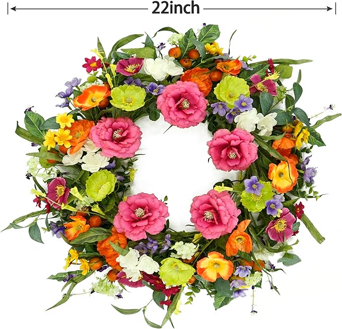 Artificial Spring Summer Wreaths for Front Door 22'' Peony Wreath Colorful Floral Wreath with Peony,Daisy,Poppy Flower Lavender for Indoor Outdoor Farmhouse Home Wall Window Festival Decoration