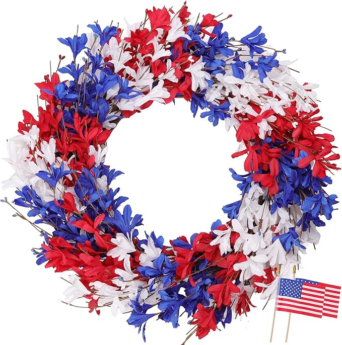 4th of July Wreath Patriotic Wreath 22 Inch Independence Day Wreaths for Front Door with Red White Blue Flag Forsythia Flowers for American Memorial Day Flag Day Indoor Outdoor Decor