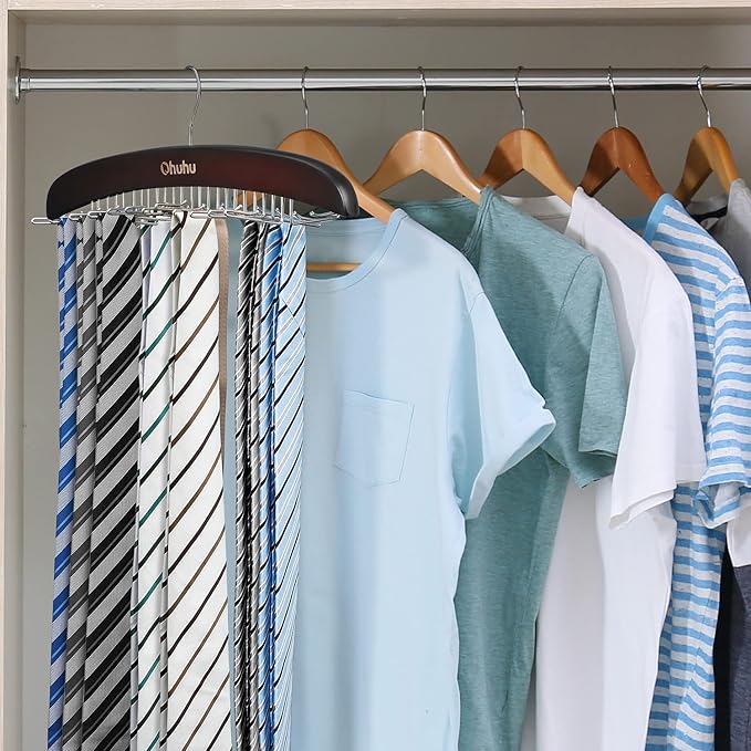 Tie Rack Hanger for Closet: Ohuhu 2 Packs 24 Folding Hooks Tie Hangers for Men Wooden Tie Holder Organizer Space Saving Necktie Storage 360 Degree Rotating Ties Belts Scarves Tank Tops-Walnut