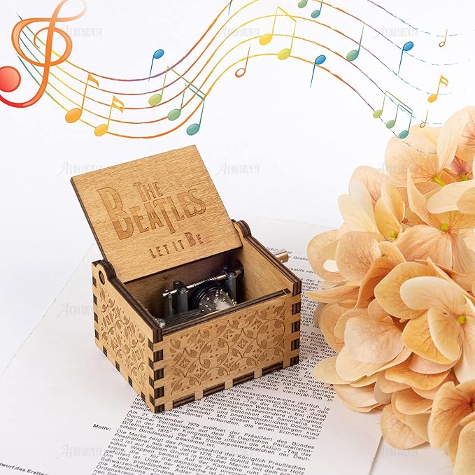 AUEAR, Let It Be Wooden Music Box Hand Crank Laser Engraved Vintage Musical Small Unique Gift for Birthday Wedding Christmas Valentines Day (Style E)