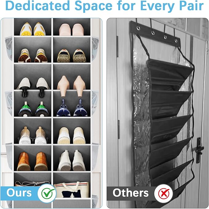 Yecaye 8 Tier Over the Door Shoe Organizer of Deep 16 Compartments, 50lbs Load Shoe Rack for Door in Oxford Holds 16-24 Pairs, Stain-Resistant Hanging Shoe Organizer for Closet, Grey