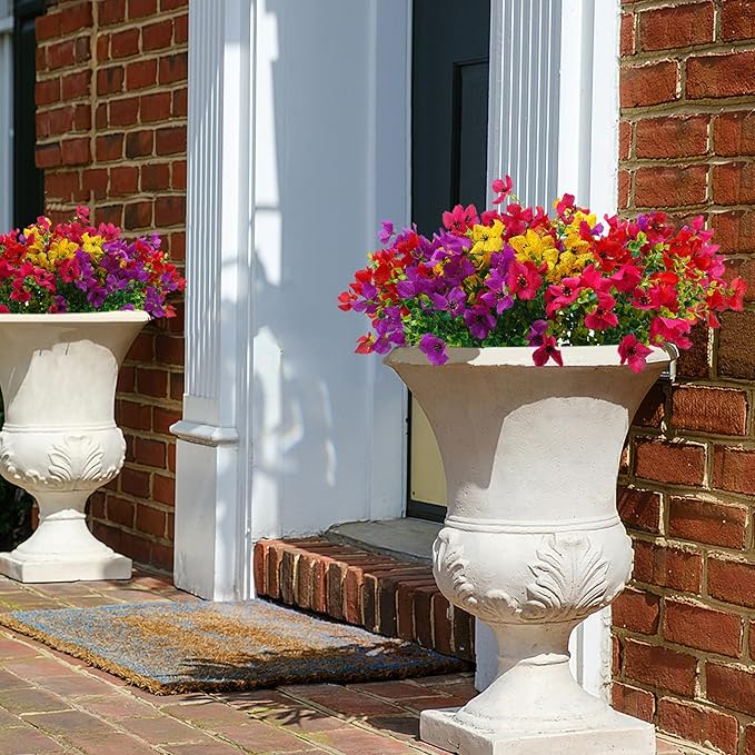 Artificial Faux Plants Flowers Outdoor Spring Summer Decoration, 12 Bundles Fake Silk Colorful Daisy Eucalyptus Realistic UV Resistant for Outside Home Planter Porch Yard Decor (Mix)