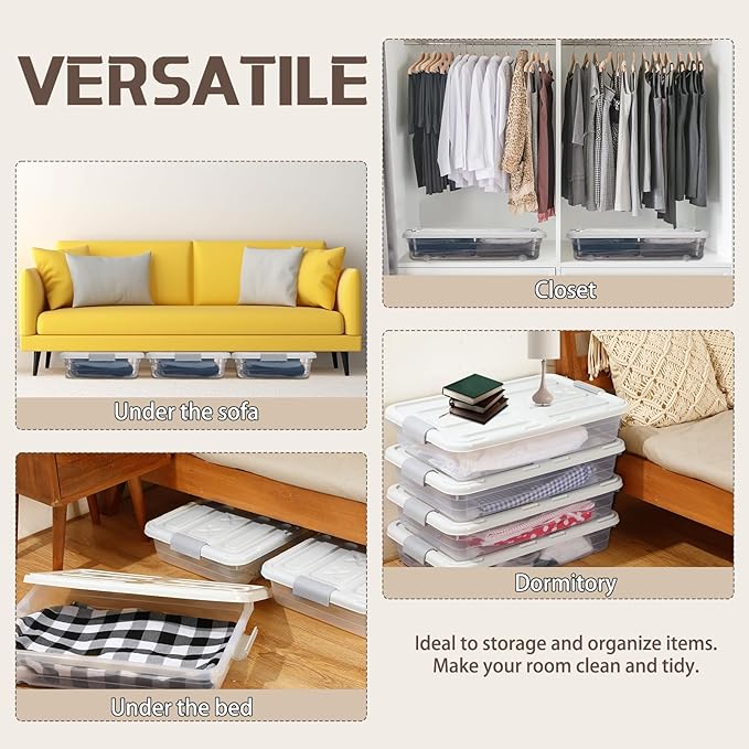 4 Pcs Plastic Under Bed Storage Containers with Lid Wheel Handle, Transparent Large Capacity Stackable Latching Storage Bins for Closet Bedroom Clothes Shoes Blanket(23.7 x 15.8 x 5.2,White)