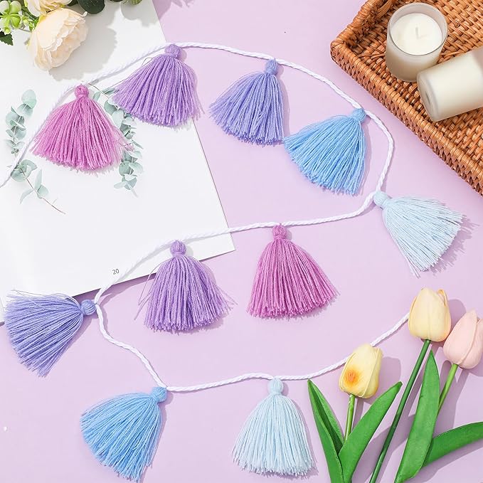 WILLBOND 4 Pieces Valentine's Day Tassel Garland for Classroom Wall Decor Boho Pastel Garland Cotton Tassel Banners for Party School(3.1 Inch,Purple Colors)