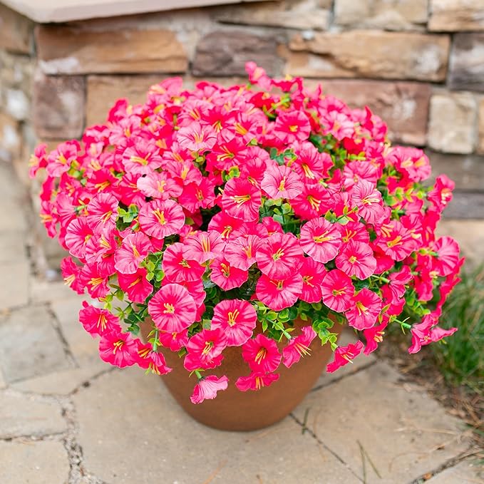 Fake Plants Artificial Flowers for Outdoor Outside Decor, 12 Bundles Faux Flowers Silk Hot Pink Morning Glory with Eucalyptus Look Real UV Resistant Faux Greenery for Planter Front Door Porch Patio