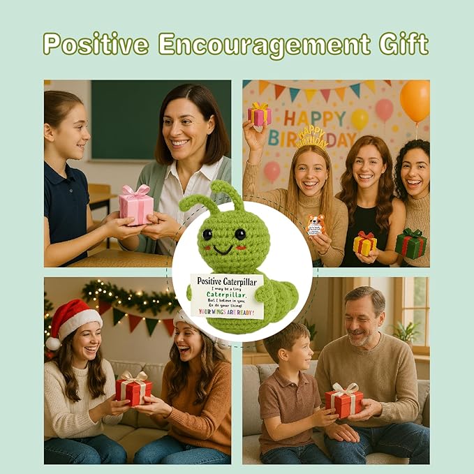 Mini Positive Christmas Caterpillar Gift – Cute Crochet Encouragement Gift for Kids, Students, Friends, Teachers Coworkers – Tiny Plush Bug with Card – Back to School, Just Because Present