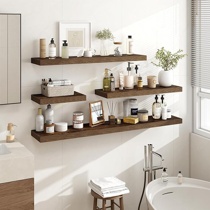 Acovy 55 Inch Floating Shelves, 55"x9.25"x1.5" Inch Deep Floating Shelves for Wall, Wooden Shelves for Bathroom, Bedroom, Living Room, Brown, 1 Piece