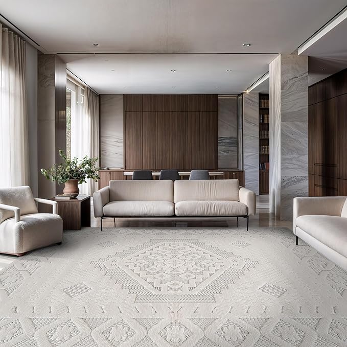 Modern Micro Loop Indoor Area Rugs for Living Room Bedroom Kitchen Geometric Trellis White 5x7 Luxury Durable Low and High Pile Non-Shedding Stain Resistant Soft Area Carpet 5 x 7