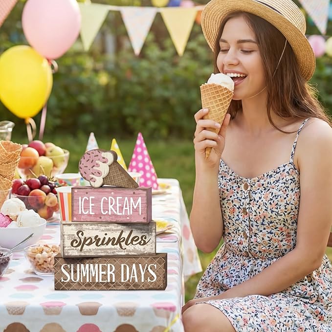 Lineshading 4 Pcs Summer Table Decoration Ice Cream Wooden Sign Pink Brown Rustic Summer Tiered Tray Decor Ice Cream Sprinkles Centerpieces for Home, Dining Room & Coffee Bar Kitchen