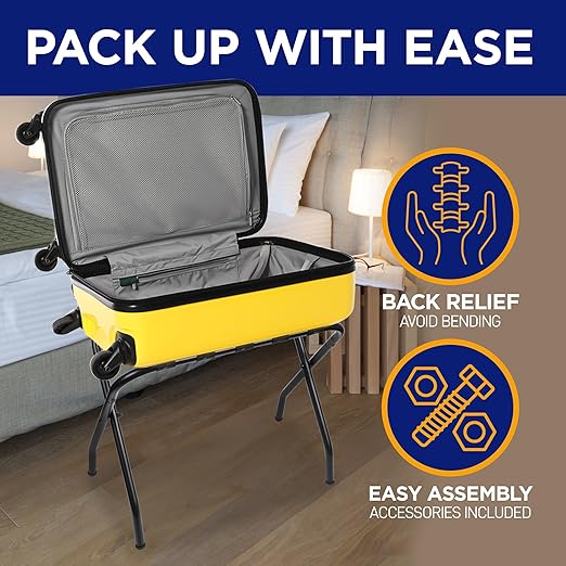 Lifemaster Metal Luggage Rack - Pack of 3 Foldable, Easy Assembly, Space Saving, and Stylish Steel Frame Guest Suitcase Stands with Nylon Straps - Black