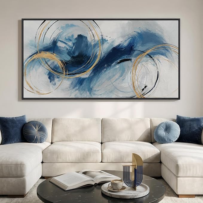 Extra Large Framed Navy Blue Abstract Canvas Wall Art for Living Room, Oversized Minimalist Modern Prints Paintings Artwork for Walls, Horizontal Contemporary Wall Decor for Bedroom Dining Room 36x72