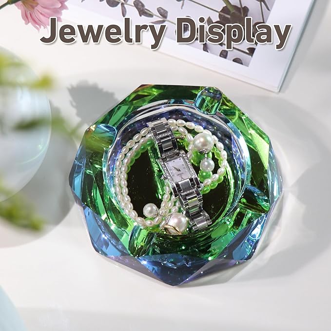 Coomin Crystal Glass Ashtray, Sparkly Cigar Cigarettes Ash Tray, Ashtrays for Smokers Indoor Office Home Desktop Tabletop, Unique Luxury Gifts for Men Women, Green