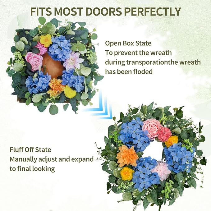 Spring Wreaths for Front Door 24 Inch, Spring Summer Front Door Wreath with Hydrangea & Eucalyptus, Artificial Floral Wreath for Porch Garden Patio Wall Window Indoor Outdoor Home Decor