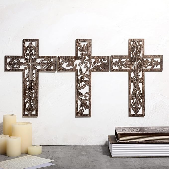 Yookeer 3 Pcs Wooden Cross Wall Decor Cross Hanging Handmade Antique Religious Brown Wooden Home Decorations Hand Carved Wall Decor for Church Home Office Baptism Gift for Christian