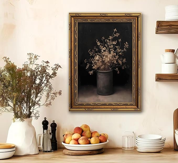 Vintage Gold Framed Wall Art Fall Dried Flowers Antique Vase Country Oil Painting Canvas Prints Dark Moody Rustic Still Life Picture Gothic Victorian Botanical Poster Artwork for Bedroom, 9x11in