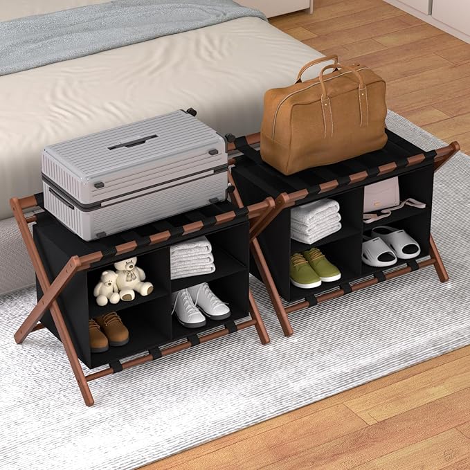 Bamboo Luggage Rack for Suitcases 2 Pack, Foldable & Easy to Assemble Suitcase Stand, Heavy Duty and Space-Saving Luggage Holder for Guest Room, Bedroom, Hotel
