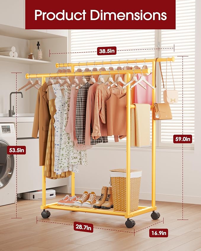 Metal Clothes Rack - Double Rod Clothing Rack with Fixed Design and Rolling Wheels, Coat Rack with Built-In Shelf for Closet Organizers and Storage (38.5" x 16.9" x 59.0", Gold)