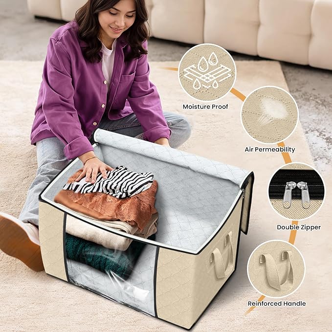 Fab totes 24 Gallons Clothes Storage, Foldable Thick Fabric Blanket Storage Bags, Containers for Organizing Bedroom, Closet, Clothing, Comforter, Organization with Handle (3 Pack,Beige)
