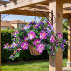Artificial Flowers for Outdoors Indoors,3 Bunches Fake Hibiscus with Hanging Basket Realistic UV Resistant Silk Flower Leaves,Faux Plant for Outside Home Patio Garden Poch(Purple,Fuchsia)