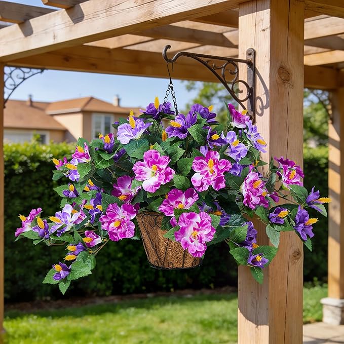 Artificial Flowers for Outdoors Indoors,3 Bunches Fake Hibiscus with Hanging Basket Realistic UV Resistant Silk Flower Leaves,Faux Plant for Outside Home Patio Garden Poch(Purple,Fuchsia)