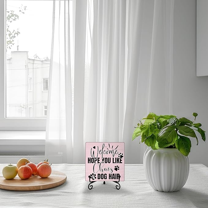 Dog Room Decor - Funny Farmhouse Decor, Home Kitchen Accessory - Wooden Plaque with Iron Stand