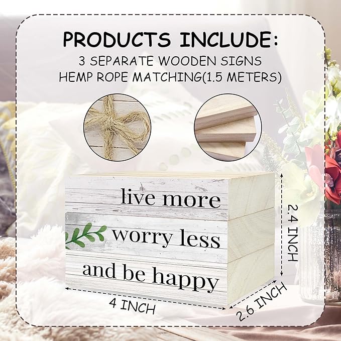 Live More Worry Less Decorative Wood Book Stack for Table, Farmhouse Stacked Books (L11)