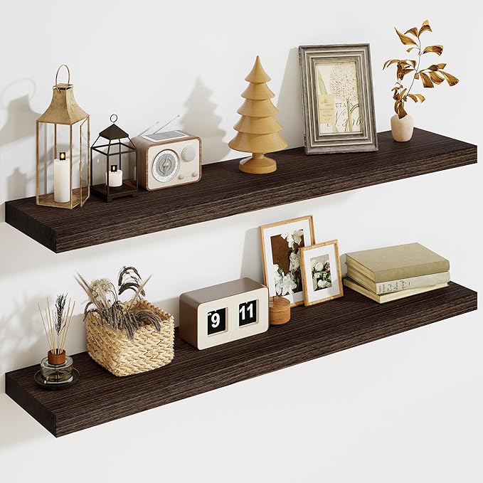 Solid Wood Floating Shelves for Wall 36"W x 8"D x 1.56"H Set of 2, Deep Wall Shelves for Living Room Bedroom Bathroom Kitchen Decor Storage with Invisible Heavy-Duty Metal Bracket, Rustic Brown